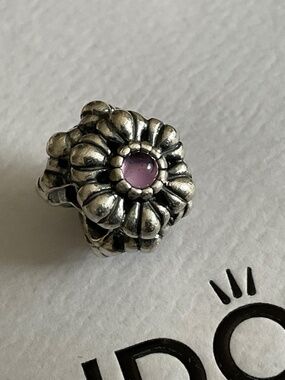 Pandora Silver Flower Charm with Cabochon Purple Center